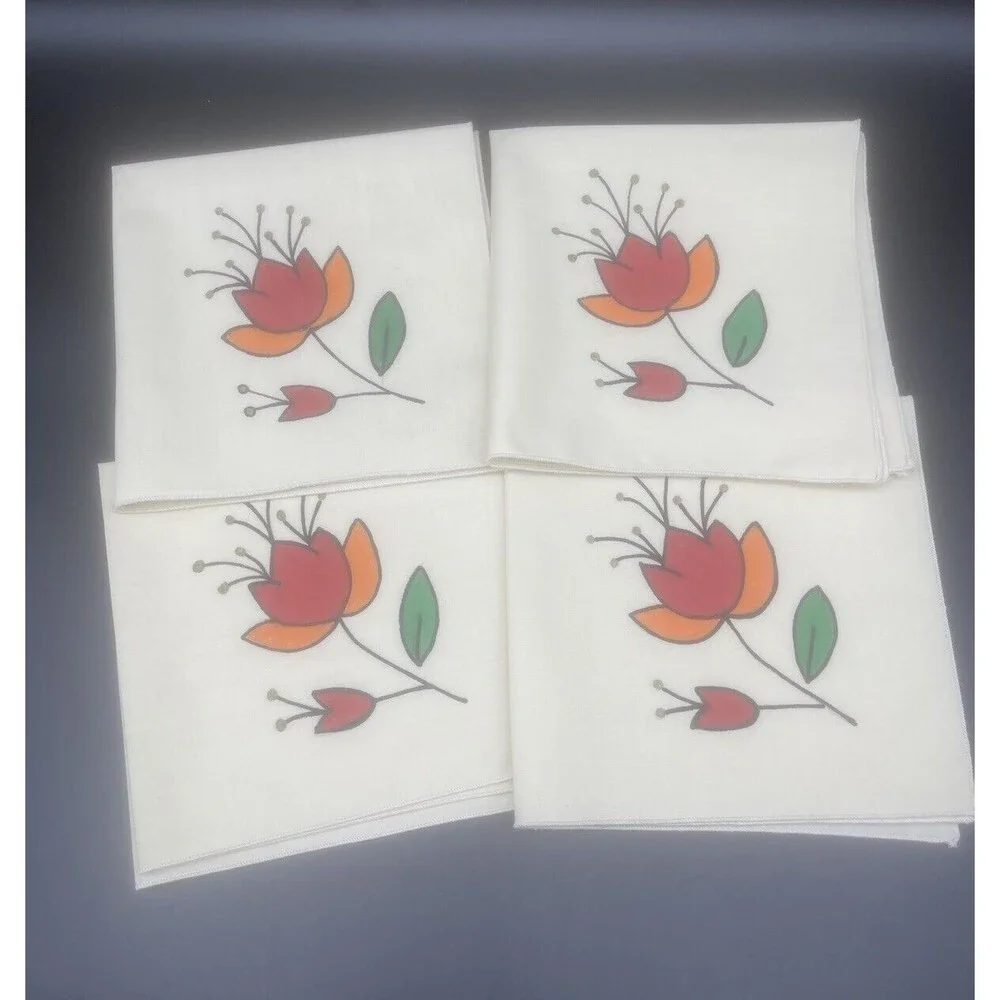 Cream Cloth Napkins W/ Bright Stenciled Flowers Orange Red Flowers 14.5” - 4‎